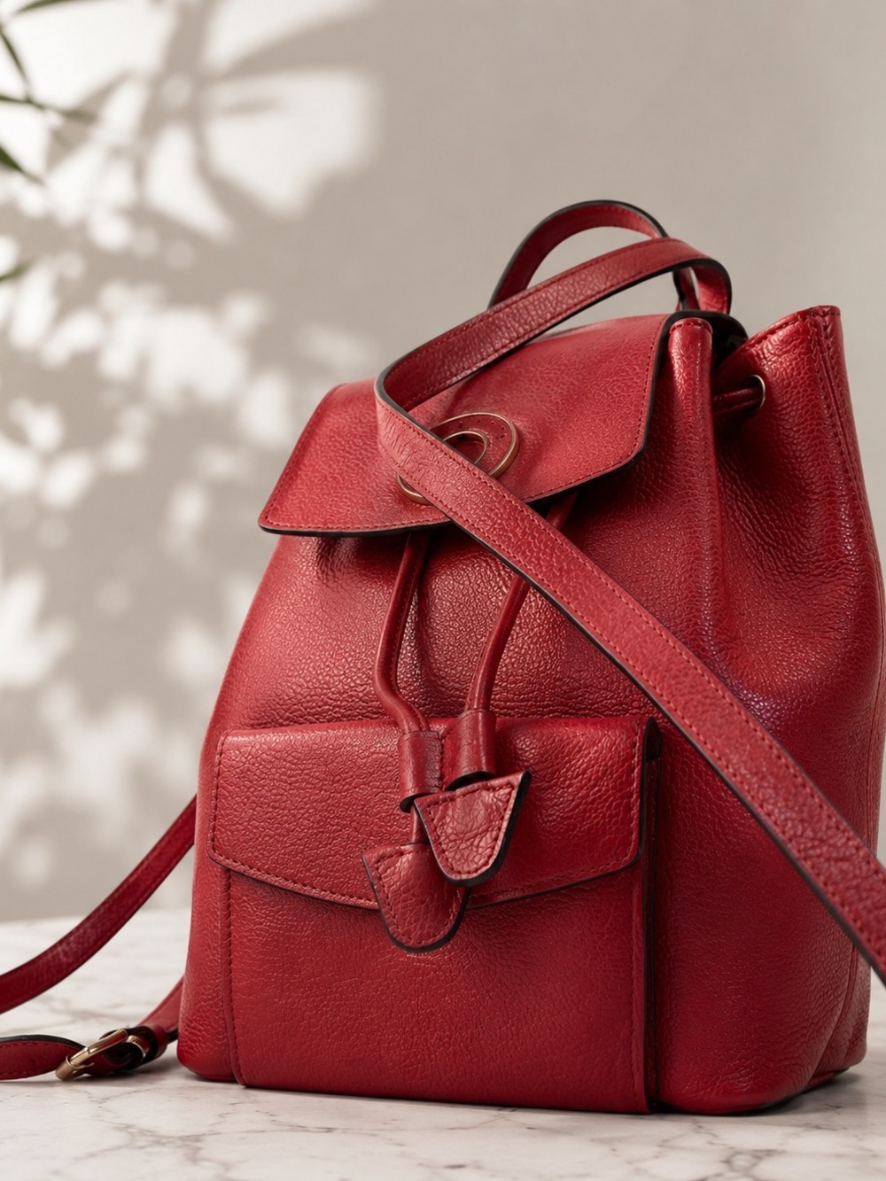 Celine Red Pebbled Leather Drawstring Backpack Bag Made in Italy